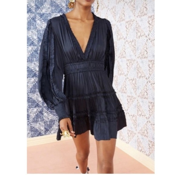 ULLA JOHNSON Gemma Satin Like Mini Dress V Neck Bishop Sleeve Midnight Blue - Picture 6 of 14